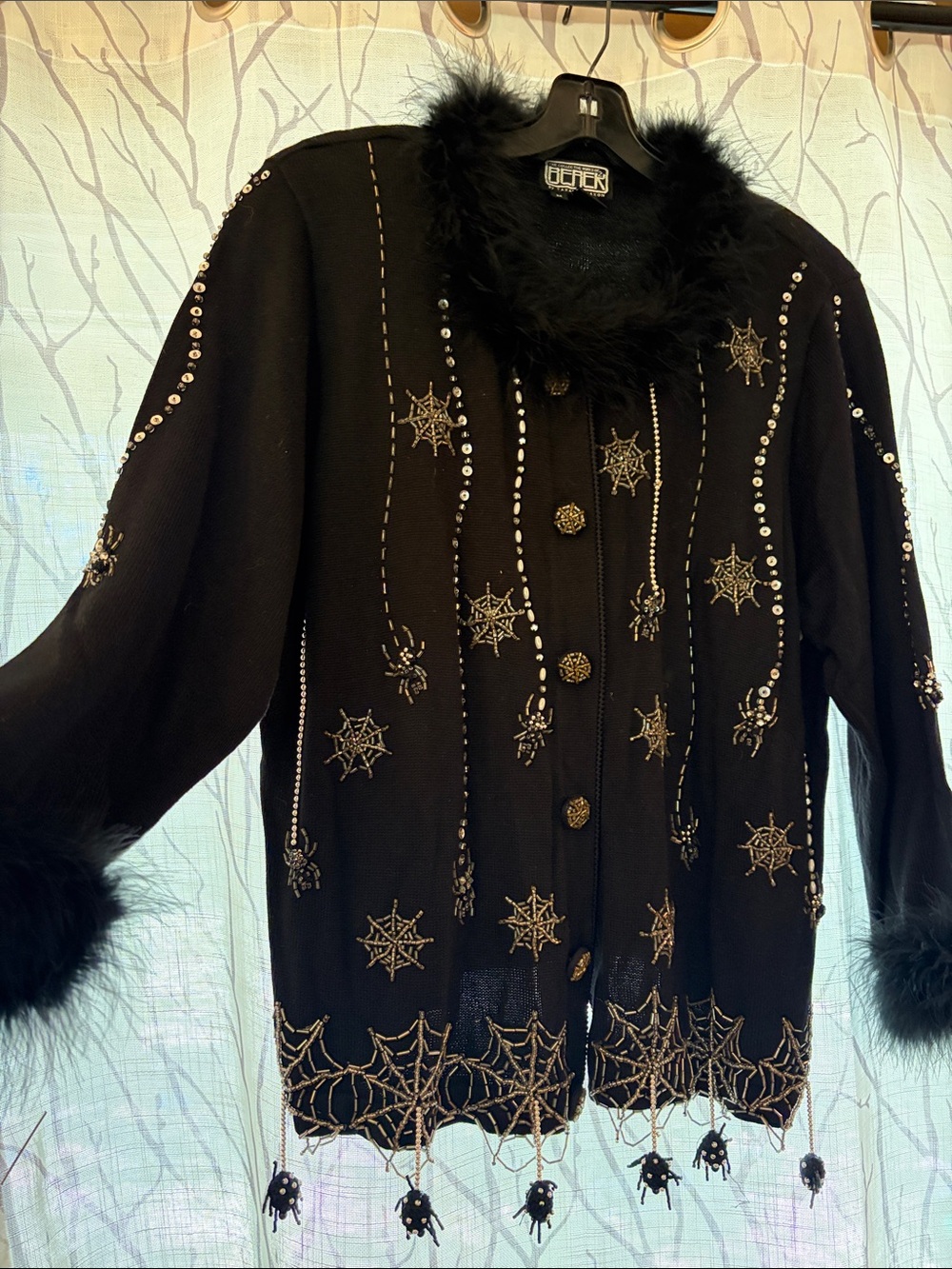 BEREK 2 Embellished Halloween Black Feather-Trim Cardigan Jacket